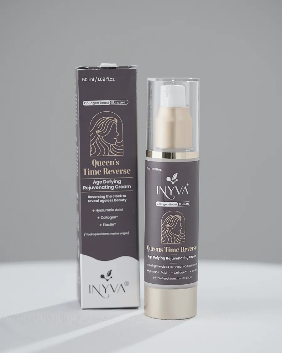 INYVA Queen's Time Reverse cream beside its carton