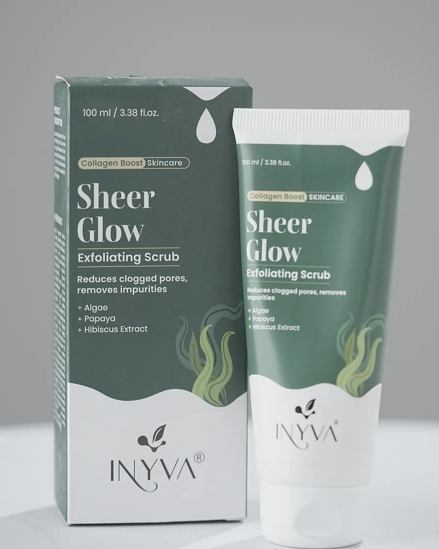 INYVA Sheer Glow exfoliating scrub beside its carton