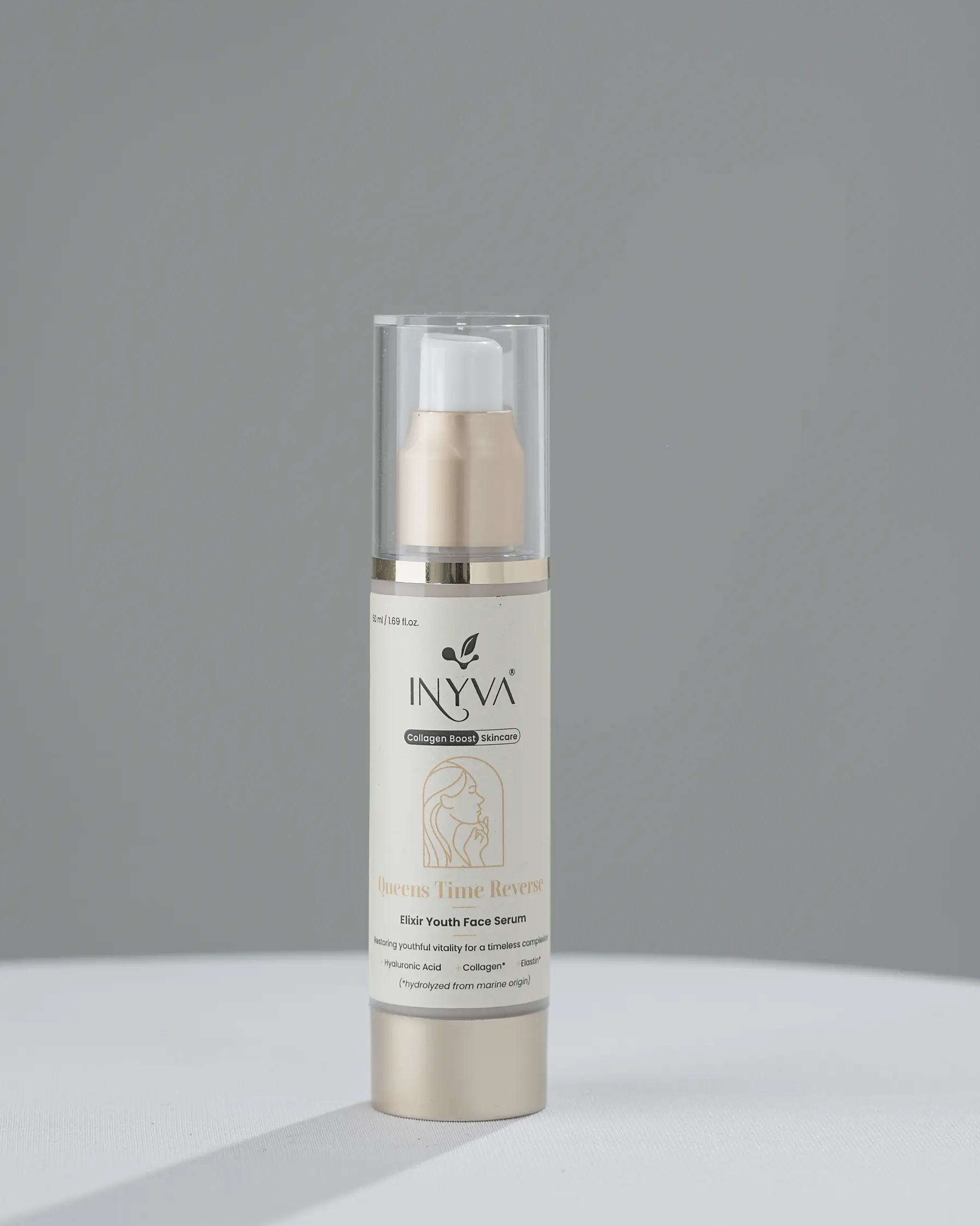 INYVA Queen's Time Reverse Elixir Youth Face Serum in its airless pump bottle
